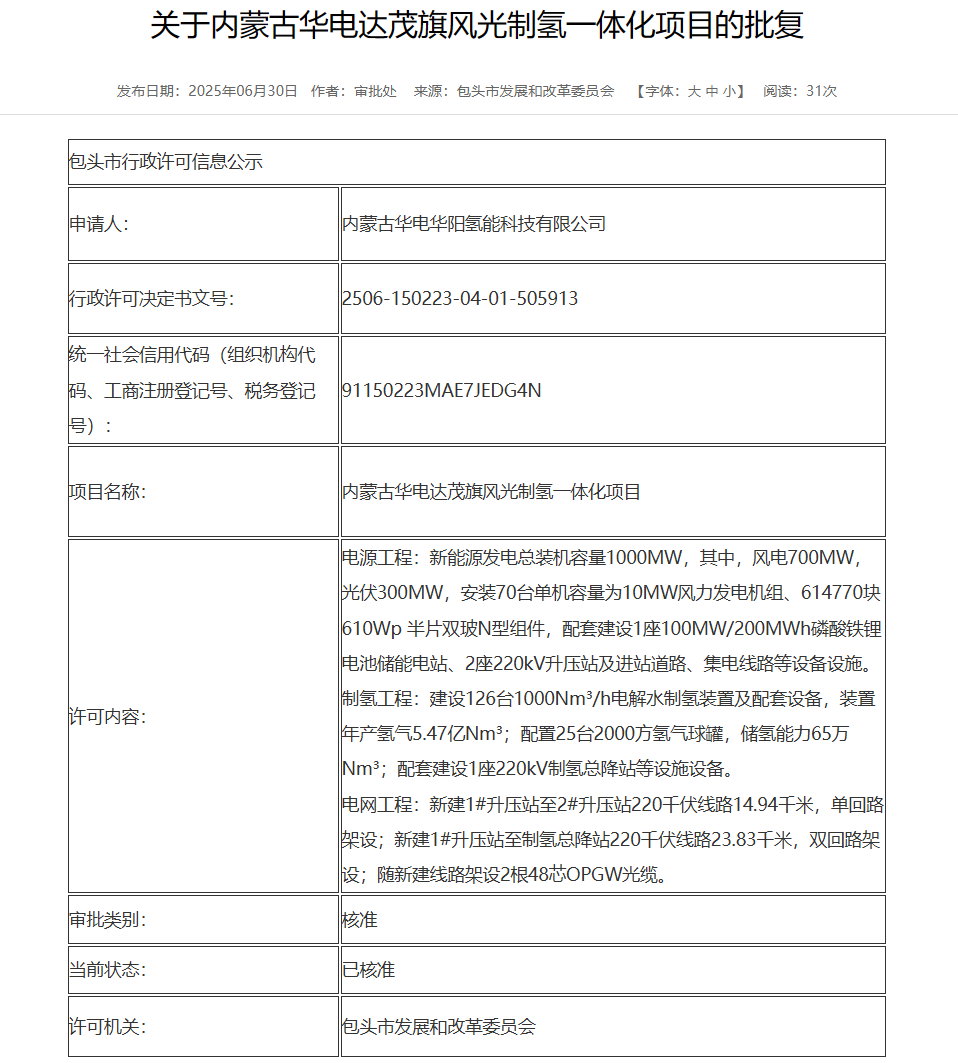 70臺10MW！華電風光制氫一體化項目獲批復