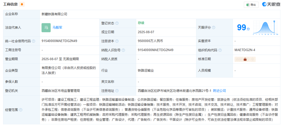 新藏鐵路公司成立，注冊資本950億元