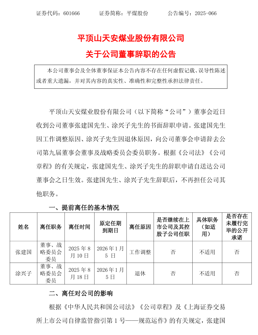 大型國有煤炭企業，重要人事調整